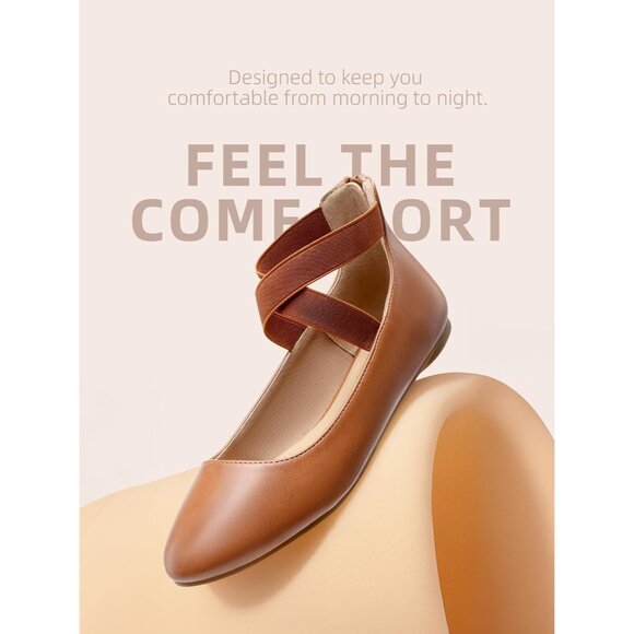 Dream Pairs Women Tan/Pu Faux Suede Flats Comfortable Elastic Ankle Straps Shoes - Picture 3 of 8